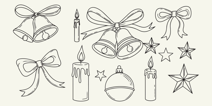 Christmas winter holiday decorative elements featuring bells ribbons candles stars and ornaments in elegant line art style.