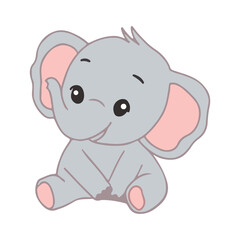 Obraz premium Adorable grey baby elephant cartoon illustration with pink ears, sitting playfully and smiling, perfect for children's designs