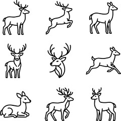 Obraz premium Deer Icons Set: Antlered Animals in Various Poses - Line Art Collection
