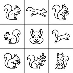 Obraz premium Cute Squirrel Icons Set - Line Art Animal Illustrations