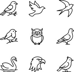 Obraz premium Set of Line Art Bird Icons: Pigeon, Owl, Swan, Eagle, Sparrow and more