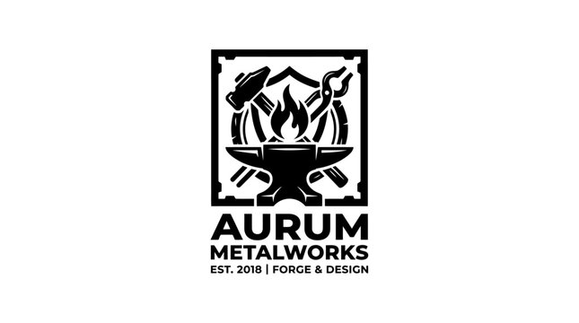Blacksmith anvil with hammer, tongs, and flame, vintage logo design