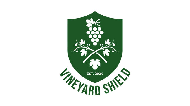 Vineyard Shield logo with grapes and leaves, established 2024, vector graphic
