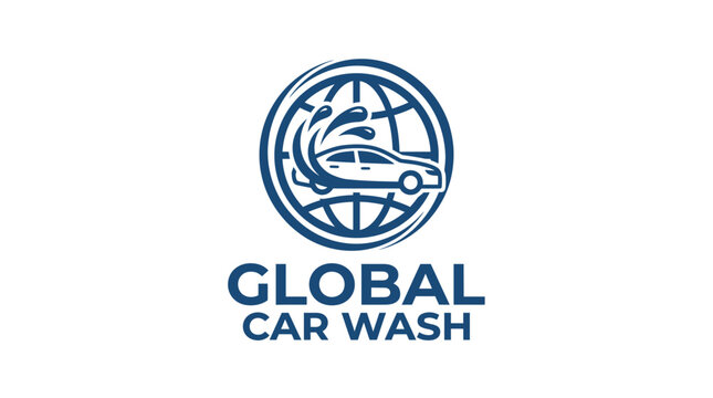 Global car wash logo with car and water splashes inside a globe graphic element