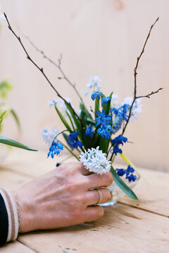 florist hand arranging blue variety of hyacinth on pin frog