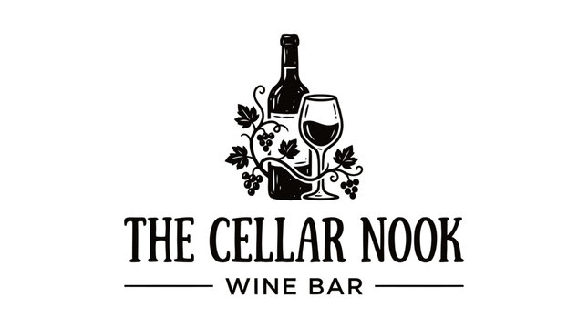 Wine bottle and glass logo with vine graphic element and text for wine bar