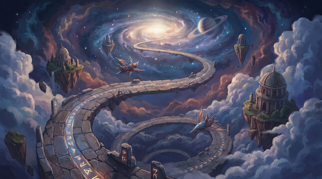 A fantastical pathway in the sky surrounded by planets and cosmic elements.