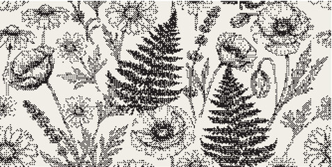 Monochrome halftone floral pattern featuring poppy flowers and fern leaves in black on light background for retro printing. © SaHeD