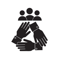 Obraz premium Teamwork and unity icon. Three hands holding each other in a circle with group profile silhouette vector illustration.