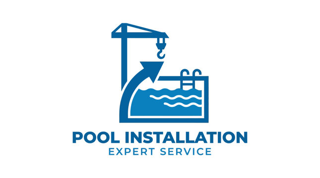 Pool installation graphic element with crane and water, blue vector illustration