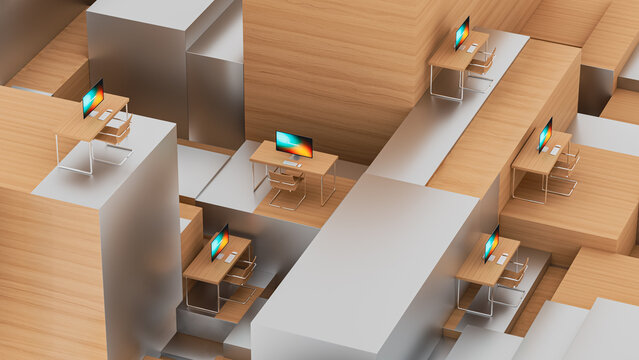 Surreal office interior with desks and computers in unique layout