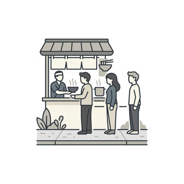 People queueing at an outdoor ramen street food stall.