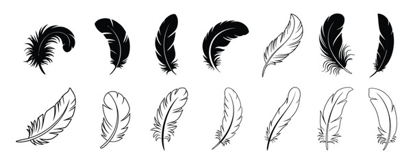Bird feather pen icon black quill feather silhouette collection featuring elegant plume illustrations, vintage writing symbols and decorative design elements on white background © MASUD MOMENA