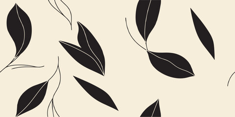 Minimalist black botanical leaves on beige background seamless pattern with elegant hand drawn silhouette foliage design. © SaHeD