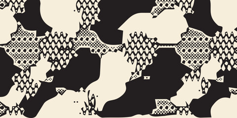 Abstract camouflage pattern with intricate geometric lace textures and high contrast black and white tribal style shapes. © SaHeD
