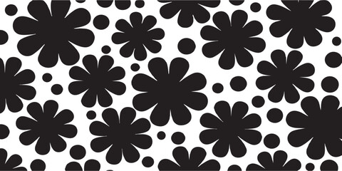 Simple black and white floral pattern with daisies and circular dots in a minimal flat graphic style for modern prints. © SaHeD