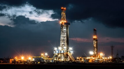 Obraz premium Nighttime Oil Rig Operations Under Dramatic Clouds with Illuminated Machinery and Structures in the Background