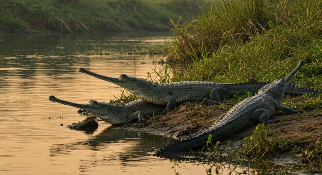 The gharial, also known as gavial or fish-eating crocodile, is a crocodilian in the family Gavialidae.  Longest among of all living crocodilians. Inhabits rivers in the plains of the northern part of 
