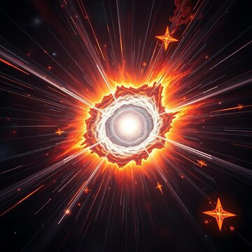 Collapsing star radiating intense light and shockwaves into the void,  light,  expanding