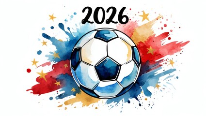 Fototapeta premium Soccer ball celebrates 2026 victory parade with colorful splashes and stars