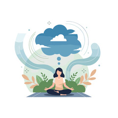 Obraz premium A woman meditating peacefully in a lotus position, with a thought bubble above her head depicting a stormy cloud.