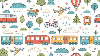 Fototapeta premium Seamless pattern with cute handdrawn transport, trees, and clouds