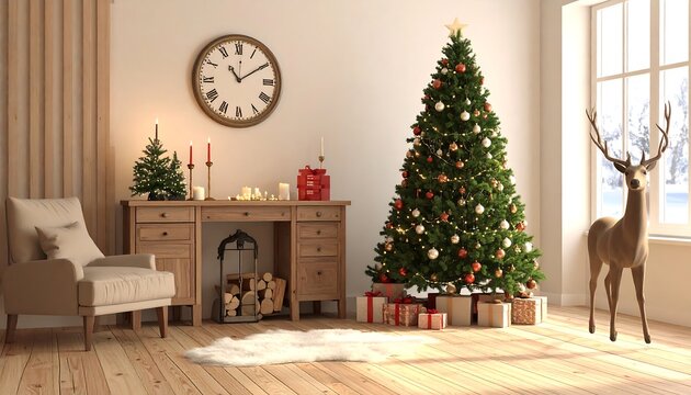 Christmas decorated room, tree with gifts, armchair, clock, candles, wooden desk. Light streams in. Cozy indoor scene