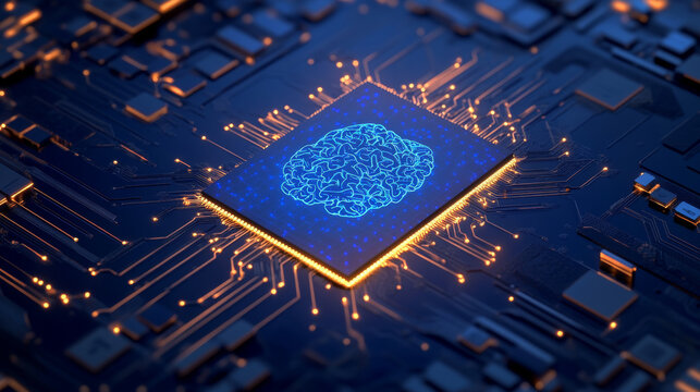 Glowing futuristic digital human brain on an advanced AI microchip representing artificial intelligence and learning