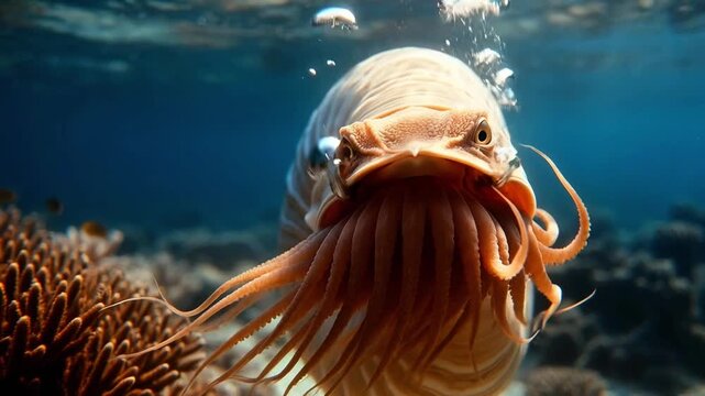 Chambered nautilus swimming underwater close