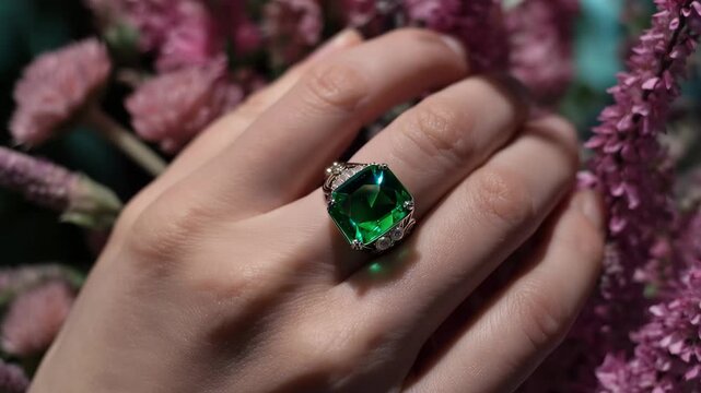Elegant hand with emerald gemstone ring and pink, A woman's hand elegantly displays a green emerald ring