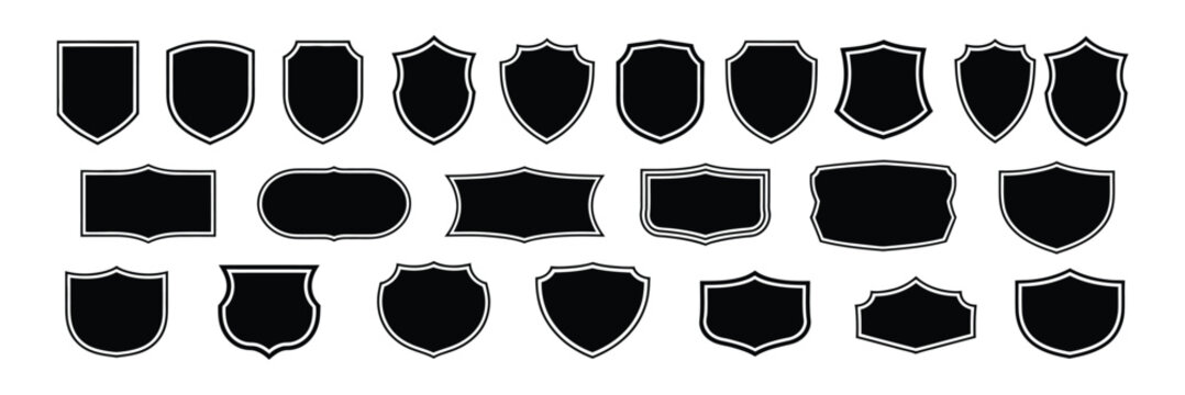 Badge templates in vintage style featuring black patch silhouettes, police badge shapes, shield emblems, retro labels and classic insignia vector design elements