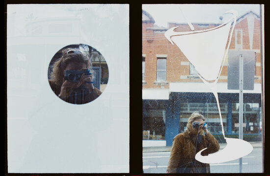 Diptych of Person Taking a Selfie inWhile a Window Reflection