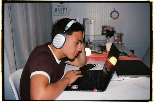 Headphones Working Laptop Evening 