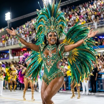 Radiant Latim samba dancer in an intricate green and gold feathered costume smiling with open arms during a vibrant carnival parade with a blurred crowd in the background