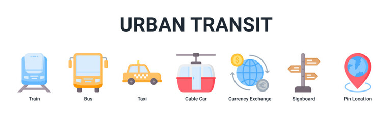 Naklejka premium Urban Transit web banner icon vector illustration with icons of Train, Bus, Taxi, Cable Car, Currency Exchange, Signboard and Pin Location