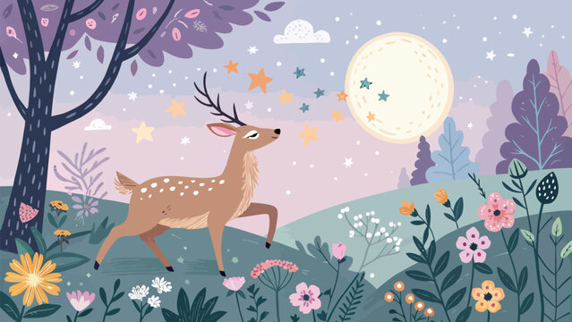 Cute deer walking in a magical forest with flowers, stars, and a full moon at night, whimsical woodland illustration for nursery wall art