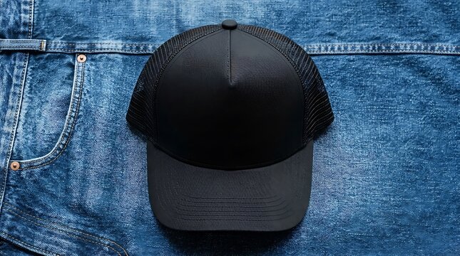 Blank black trucker hat on blue denim background mockup
