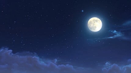 Fototapeta premium Dreamy Night Sky with Bright Moon and Twinkling Stars Above Calm Clouds and Deep Blue Atmosphere