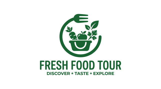 Green vector logo for fresh food tour with fork and basket of produce, conceptual graphic element
