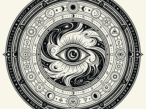 Intricate Occult All-Seeing Eye Mandala with Astrological Symbols, Alchemy Signs and Sacred Geometry - Mystic Celestial Illustration