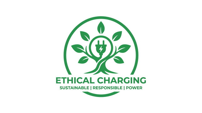 Green energy logo with tree and plug symbol, concept for sustainable power