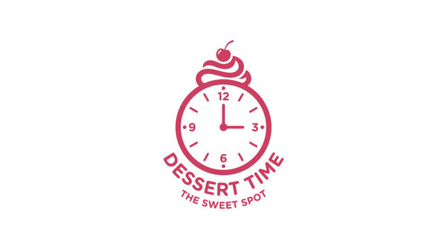 Dessert time clock logo with cherry and swirl, creative food concept graphic