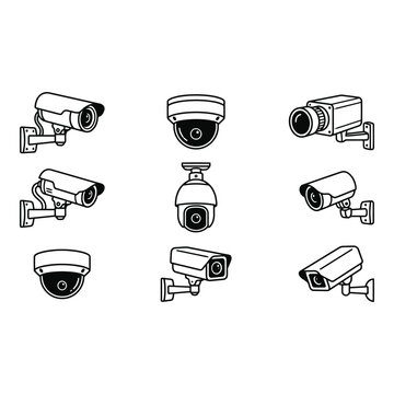 Collection of various security camera icons in different styles and orientations for surveillance system design projects