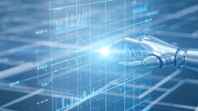 Robot hand interacting with futuristic digital interface and holographic globe, technology concept featuring advanced digital control grid