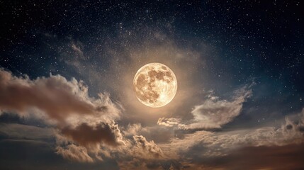 Fototapeta premium Majestic Full Moon Illuminates Night Sky with Stars and Clouds in Breathtaking Celestial Scene