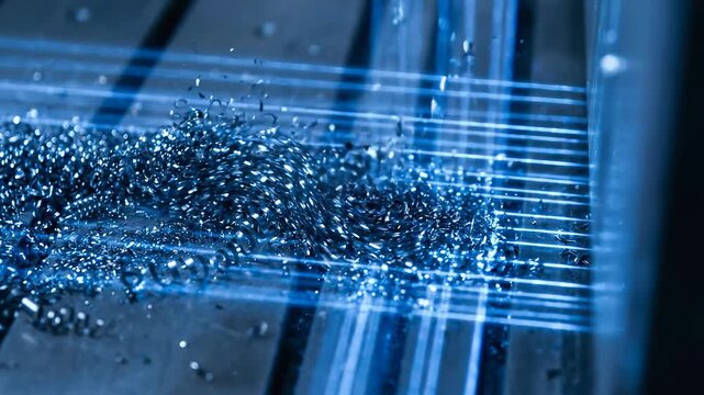 Metal shavings swirl dynamically on industrial surface with intersecting blue light lines creating futuristic and energetic dynamic swirl scene