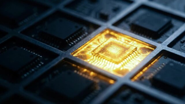 Glowing microchip dark circuit board with electronic components and intricate connections close up highlights advanced technology and innovation