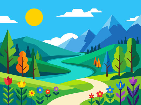 Vibrant Flat Vector Landscape Illustration with Mountains, Winding River, Colorful Flowers, and Sunny Blue Sky for Nature and Environment Concepts