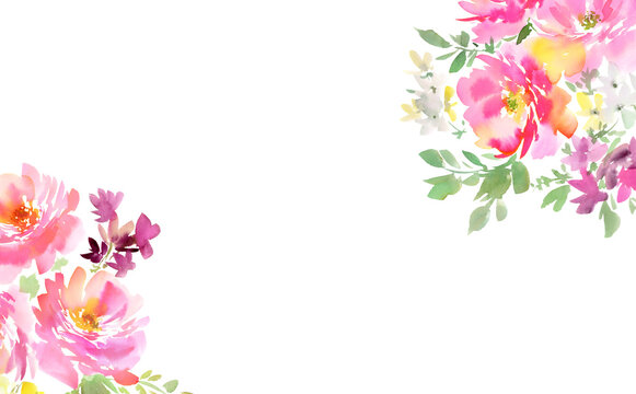 Watercolor floral background with abstract hand painted pink wild roses and wild flowers for greeting card, banner and web