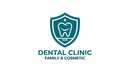 Obraz premium Dental clinic logo with shield, tooth, and star emblem